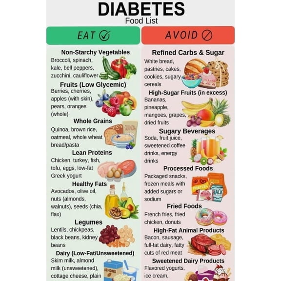 Diabetes Food List Poster Suitable For Home Kitchen Dining Room Sanatorium Rehabilitation Centre Office Decor poster Unframed 12x18inch(30x45cm)