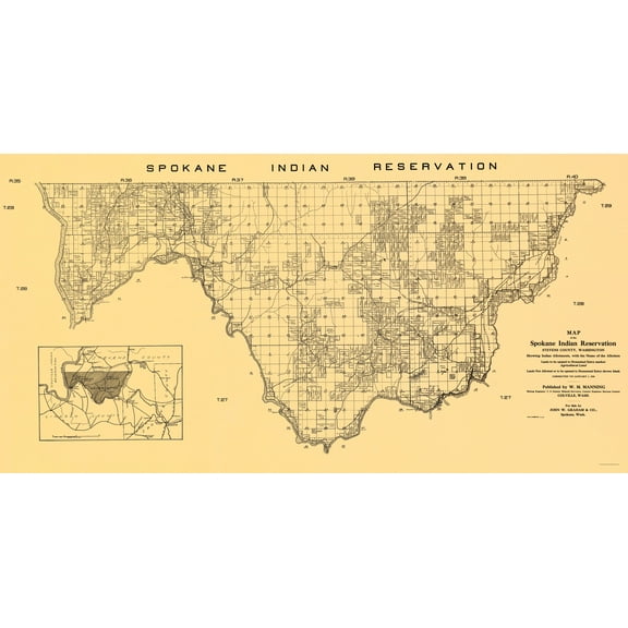Historic County Map - Spokane Indian Reservation - Manning 1910 - 23 x 45.07 - Vintage Wall Art