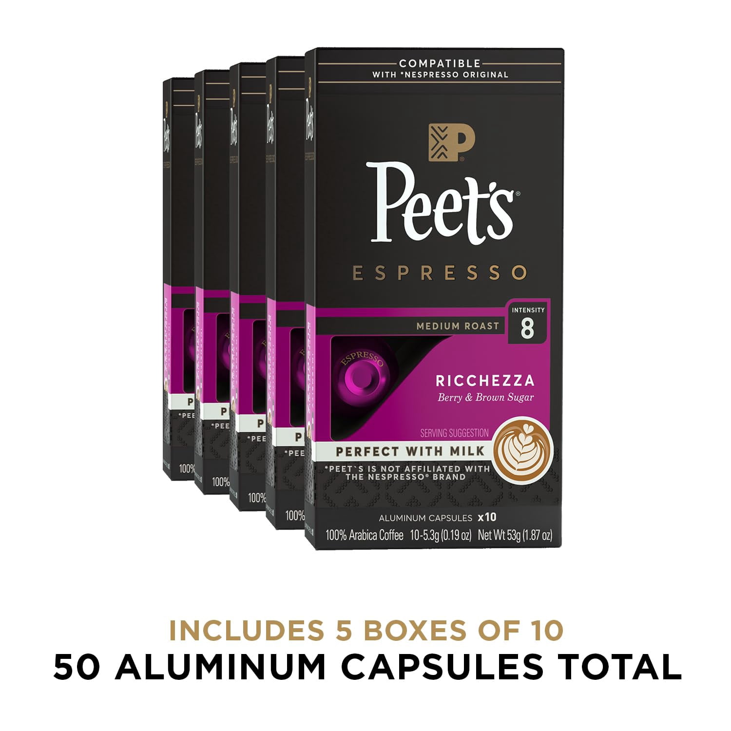 Peet's Coffee, Medium Roast Espresso Capsules, Compatible with Nespresso Original Machine, 100% Arabica Coffee - Ricchezza Intensity 8, 50 Count (5 Boxes of 10 Espresso Capsules)