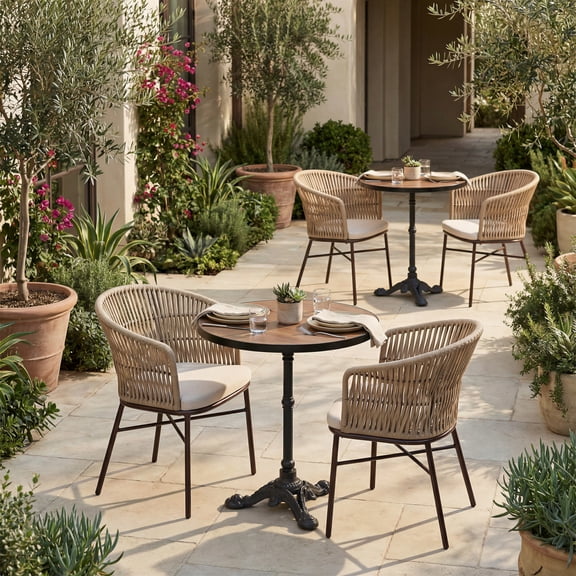 Gazebo Dining Table Walnut Dining Table, Modern Style, Faux Wood MDF round shape tabletop, Cast Aluminum Iron, Outdoor Dining