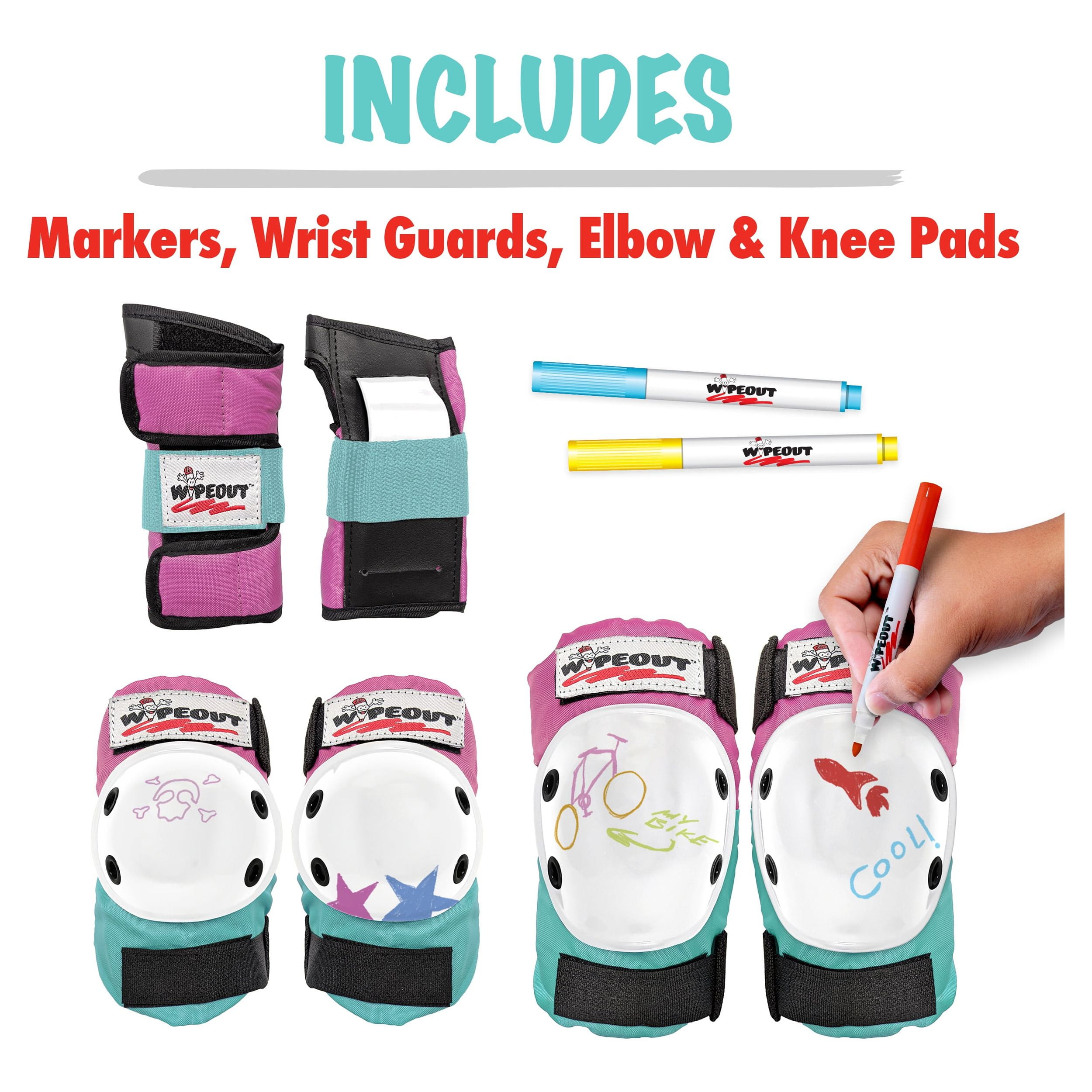 Wipeout 3 Pack Set with Wrist Guards, Knee and Elbow Pads for Bike, Skate, and Scooter, Pink/Teal