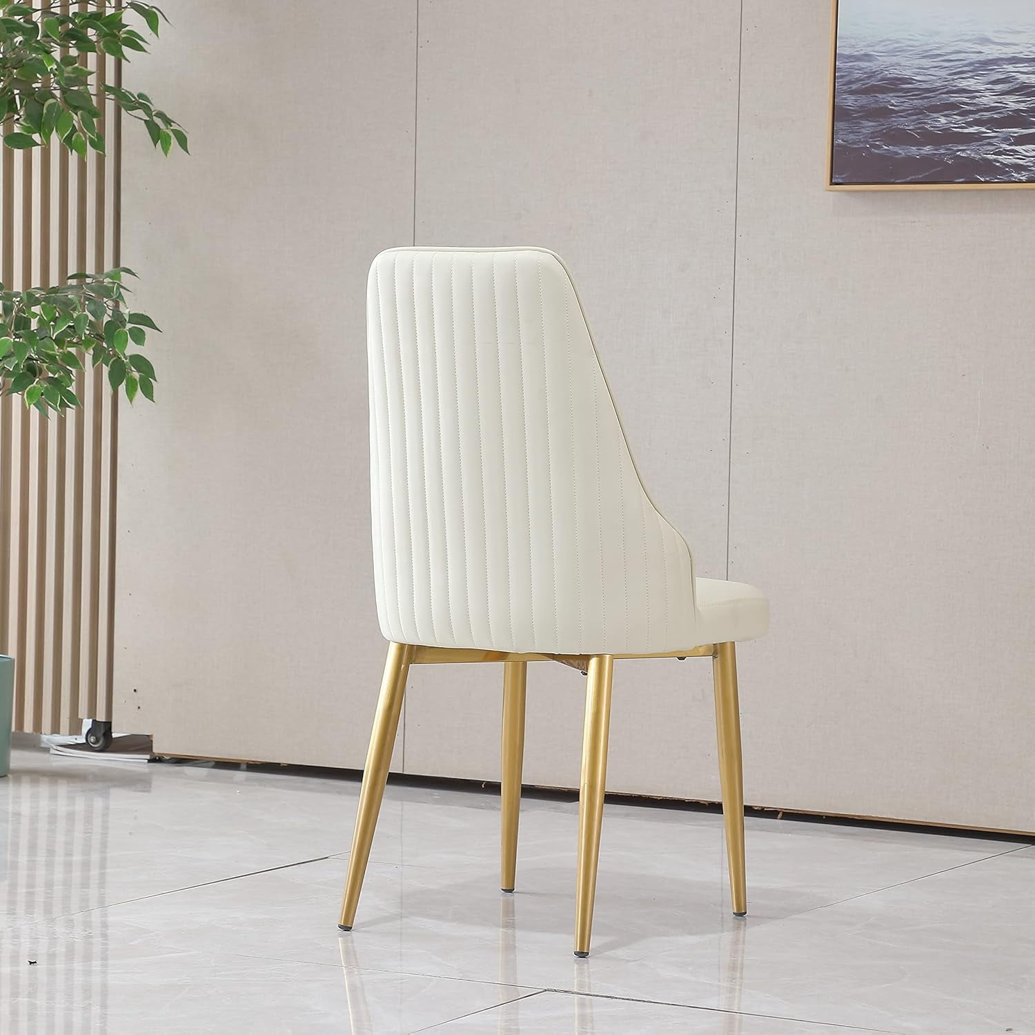 Montary Contemporary Dining Chairs Set of 2 - White PU Leather w/Gold Legs, Ergonomic Back Support for Kitchen & Dining Room (Stripes)