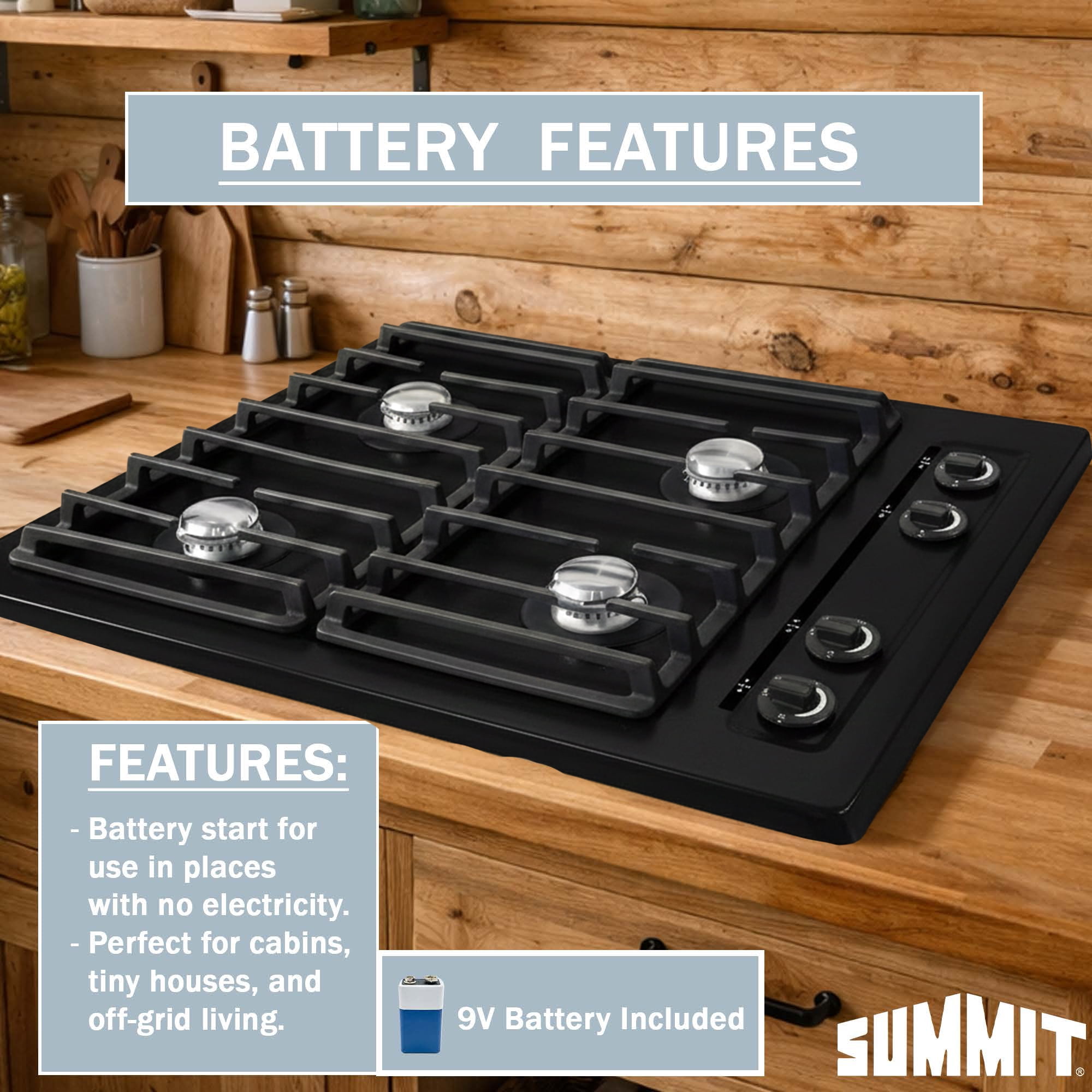 Summit 24" Gas Cooktop, 4 Burners, Electric Ignition, 115V-3 Gas Cooktop, Black - TNL033I