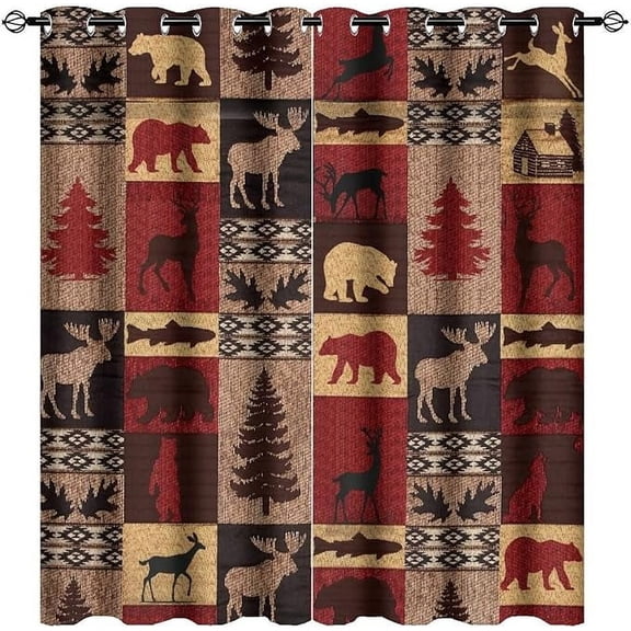 Retro Rustic Bear Deer Blackout Curtains - Farmhouse Cabin Bear Moose Red Black Buffalo Check Plaid Grommet Window Treatment Energy Saving Thermal Insulated Drapes 26"W x 45"L (Pack of 2)