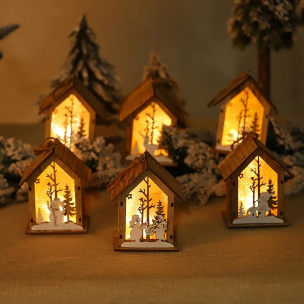 LED Light Wooden HOUSE Christmas Tree Glowing Hanging Ornaments Xmas Decoration 