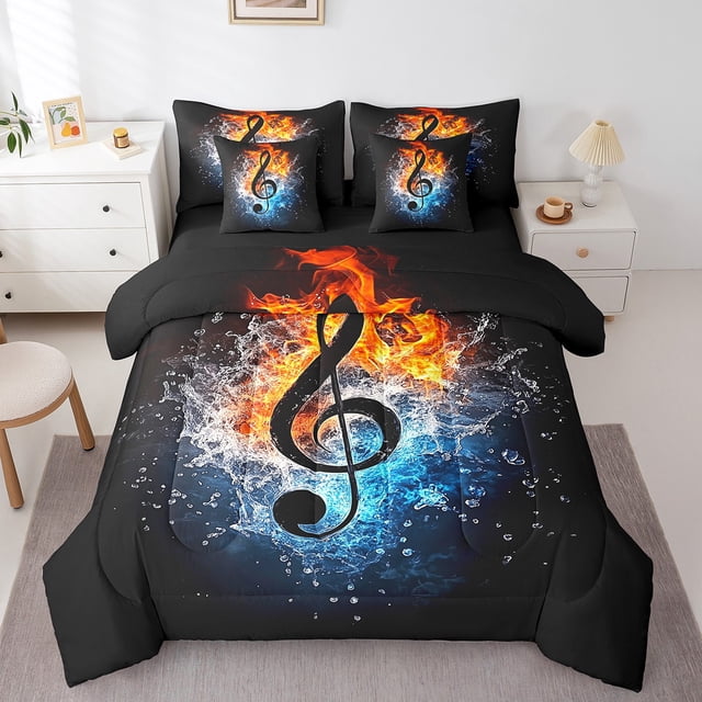 Erosebridal Musical Notes Bedding Queen Size,Abstract Water Fire Bedding Sets Queen Size,Melody Bedroom Decor,Reversible,Lightweight,7 Pieces