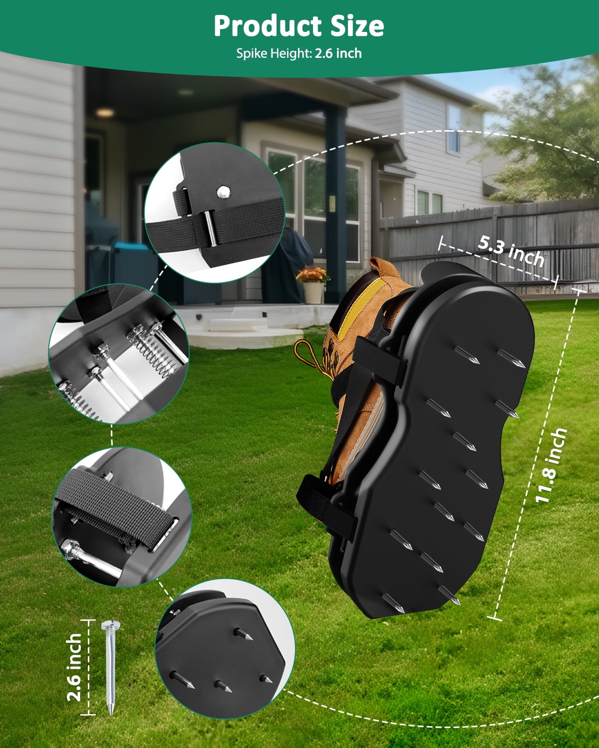 WellMall Lawn Aerator Shoes with Spring Base - Free-Installation Tool for Lawn Care - Automatic Leaf and Dirt Cleaning - Adjustable Laces - Perfect for Lawn, Yard, and Garden! (Black)