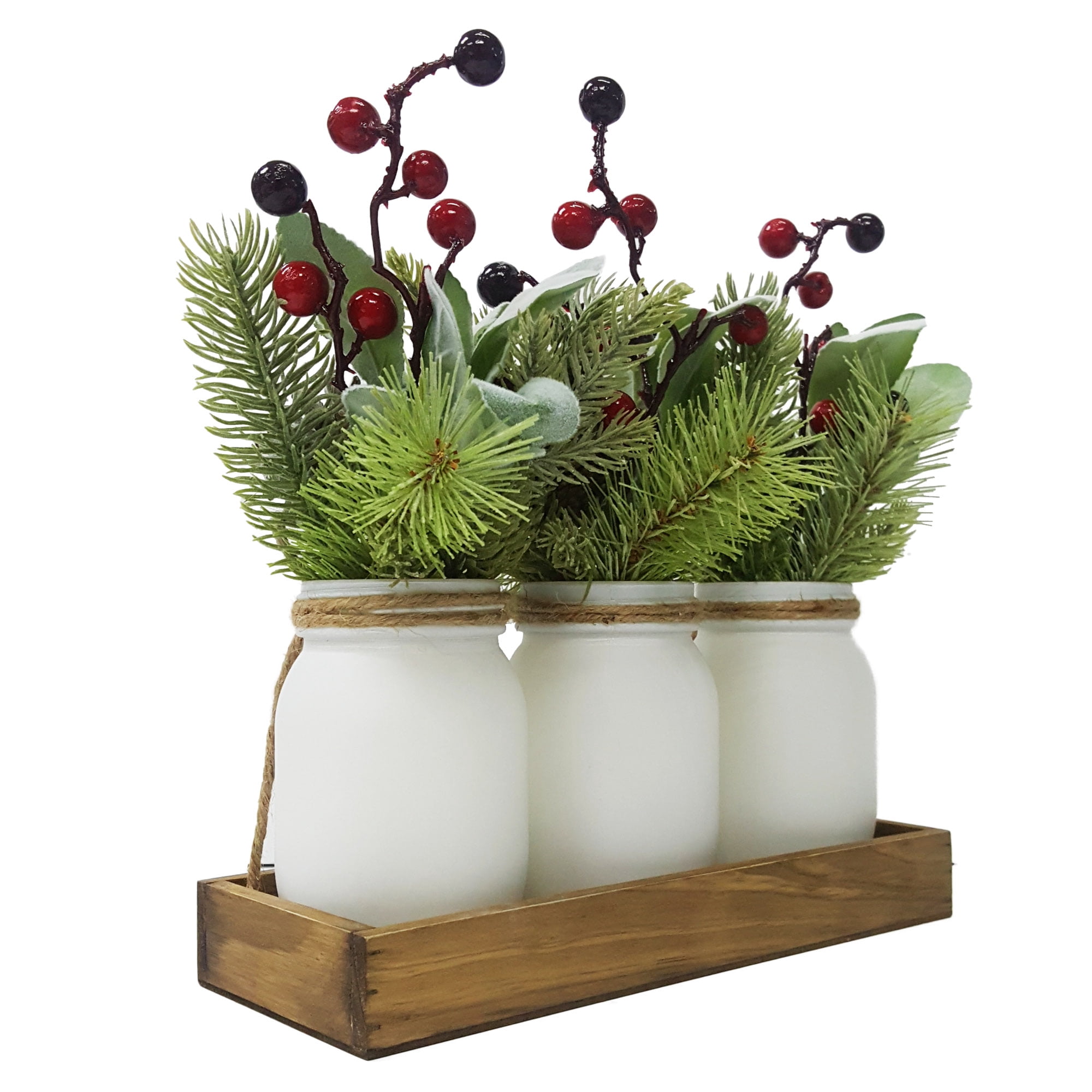 Holiday Time Artificial Liparis and Red Berry Mason Jar and Wood Rail Floral Arrangement