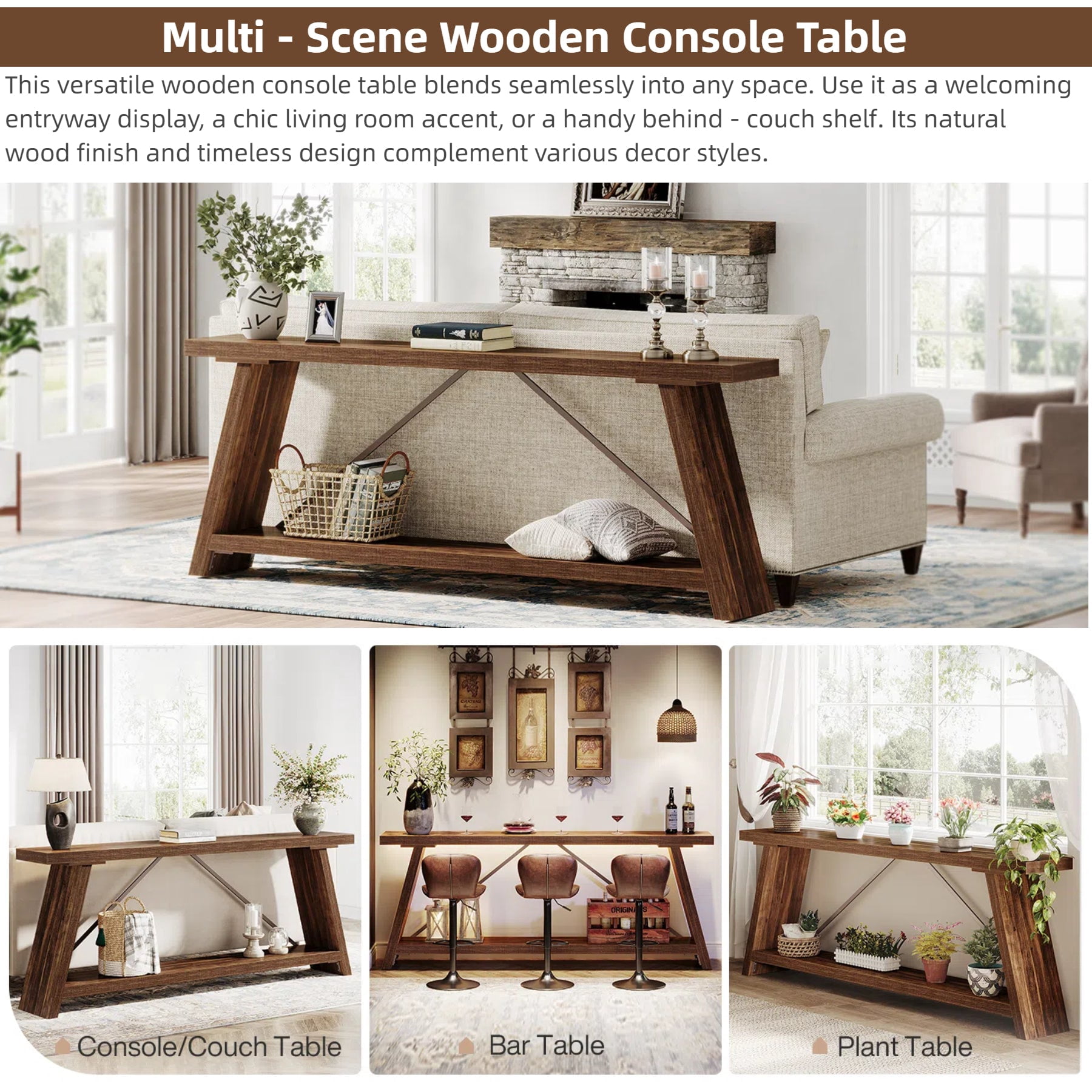 Fnova 70.87" Farmhouse Console Table for Entryway, 2-Tier Storage Long Narrow Wood Entryway Table, Metal Frame, Easy Assembly, Dark Brown