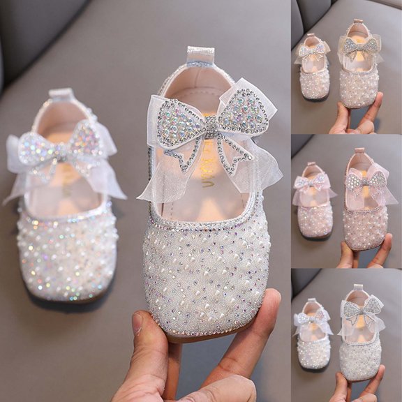 SGFCWSX Girls Mary Jane Shoes Kids Rhinestone Pearl Bow Organza Sparkly Flower Girl Flats Silver Size 11 Little Kids