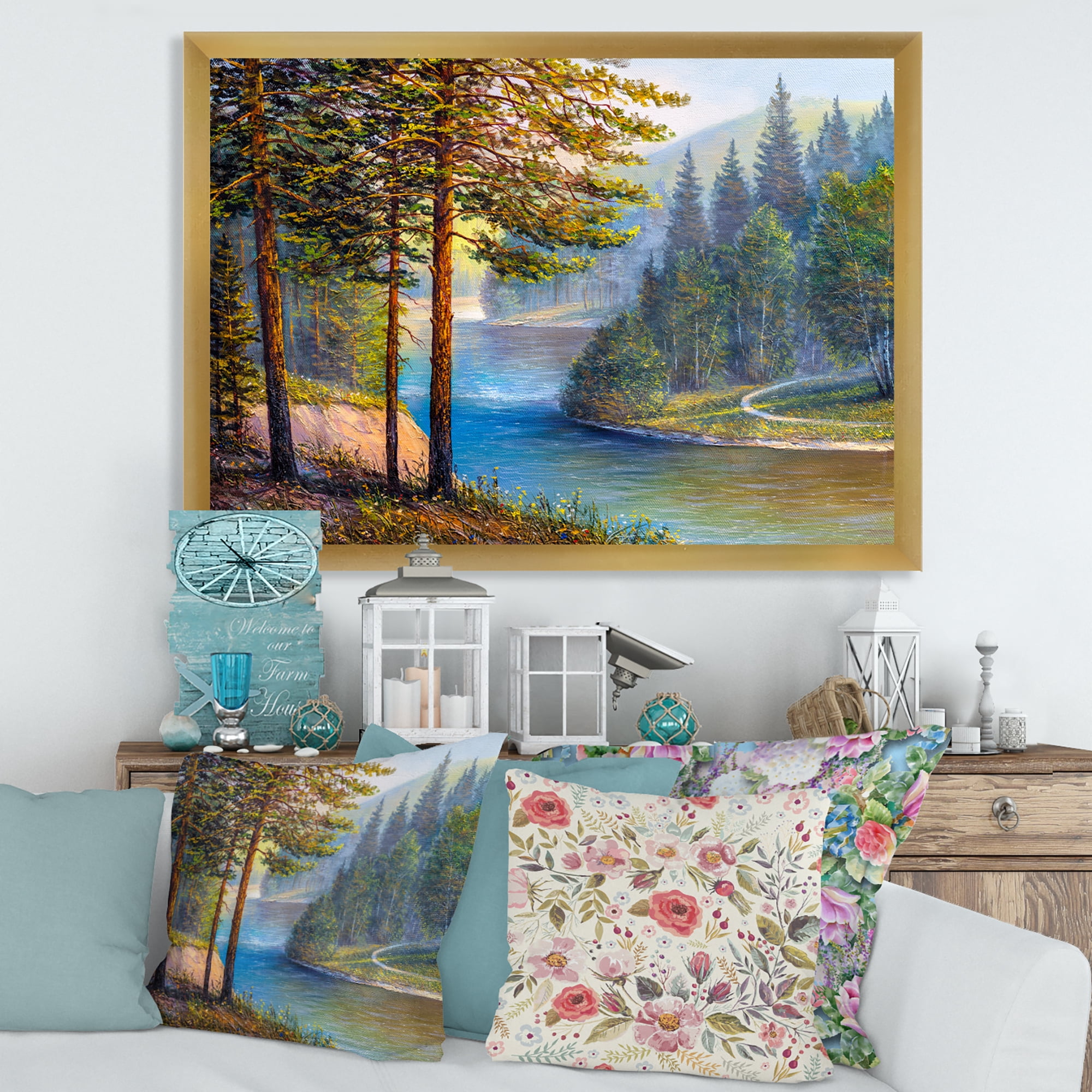 Designart 'Sunrise Glow Through The Pine & Fir Forest' Lake House Framed Art Print