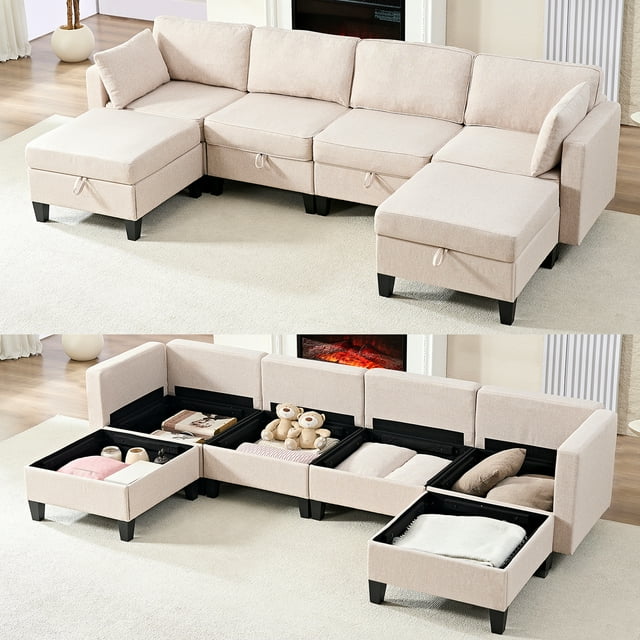 Puremind Modular Sectional Sofa with Storage, U/L Shaped Sectional Couch with Movable Ottoman, Convertible Sleeper Sofa for Living Room/Apartment, Beige