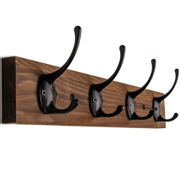 Solid Pine Coat Hooks Wall Mounted, 4 Hook Wooden Rack for Entryway Closet Bathroom, Durable Hanging Storage, Brown