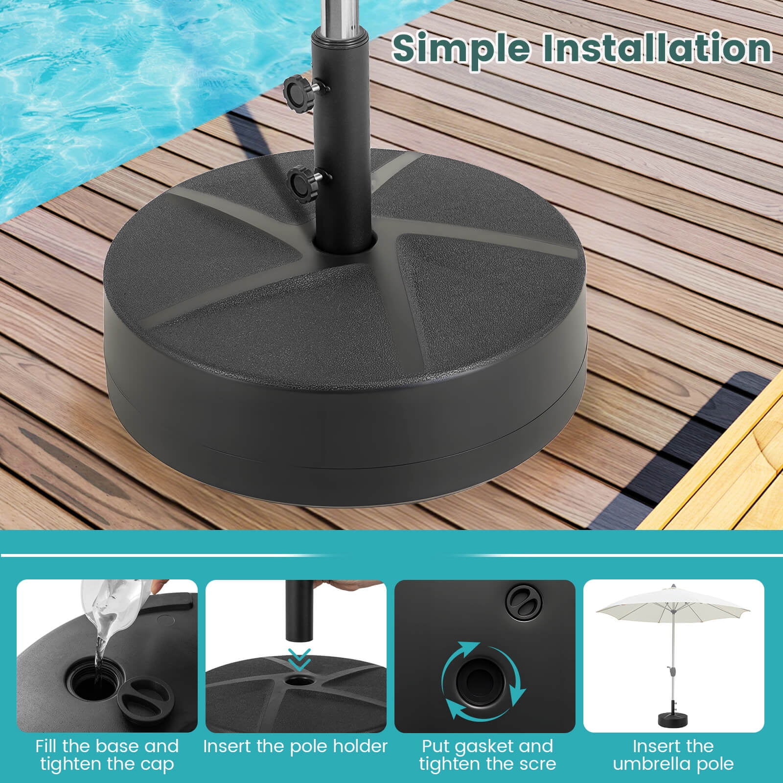 Costway Patio Round Umbrella Base with 2 Adjustable Knobs & 3 Adapters Outdoor for Poolside