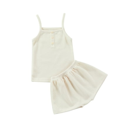 

Canrulo Summer Solid Kid Girl Short Pants Outfits Sleeveless Button Sling Vest + Elastic Waist Shorts Clothes Beige 2T