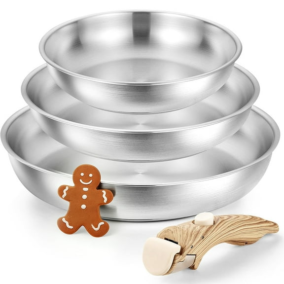 Koch Systeme CS Stainless Steel Frying Pan Set, 8", 9.5", 11" Stainless Steel Pans with Removable Handle, Tri-Ply Steel Base, Frying Pan Set 4PCS, Induction Compatible Skillets