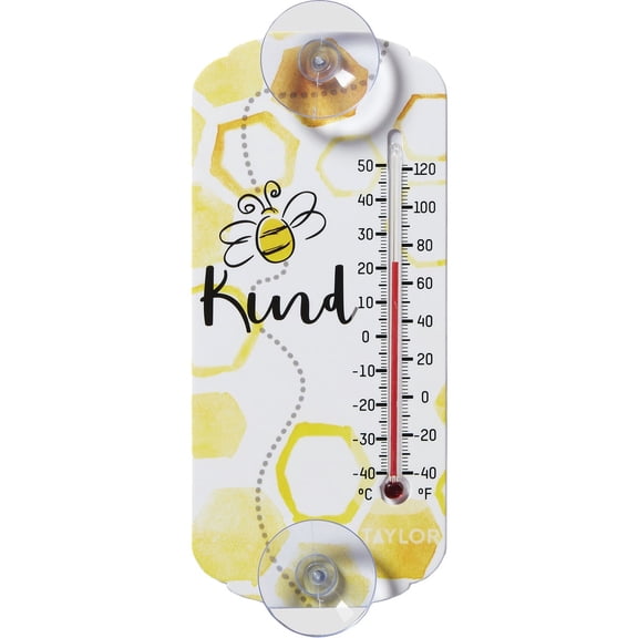Taylor Bee Kind Indoor Outdoor Suction Cup Thermometer, Decor for Patio, Pool, or Garage, 8 Inch, Multi