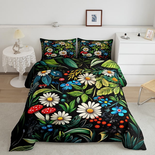 Erosebridal Ensembles de Couettes Florales Rétro Format Tout-Petit, Couettes et Duvets Champignon Feuille, Enfants Ados, Réversible 2 Pcs