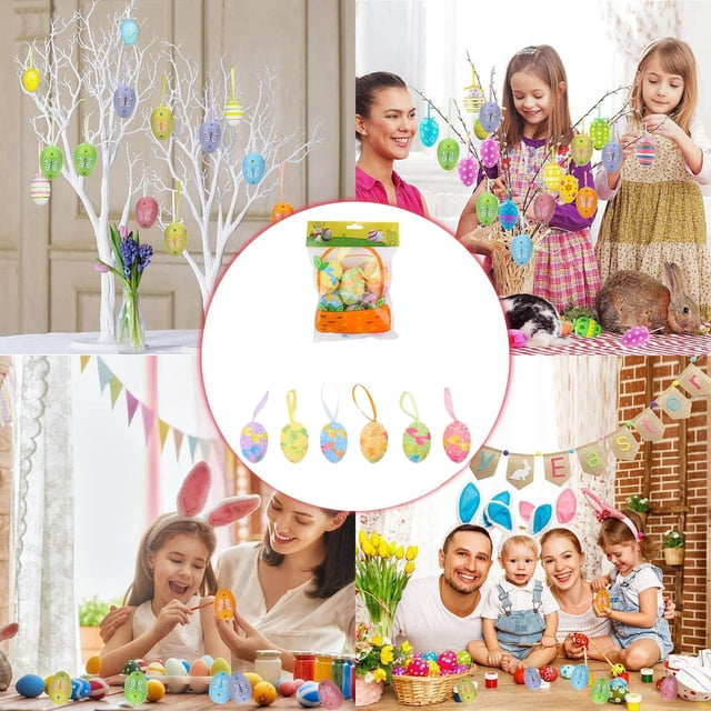 BotaniNest 6 Easter Egg Hangings Foam Easter Decorations Colorful Ribbon Hangings Printed Easter Eggs Suitable For Holiday Decorations Light Easter Party Decorations Trees Walls