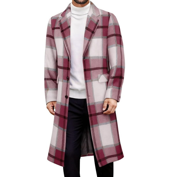 Kalauyu Men's Casual Notched Collar Plaid Single Breasted Wool Blend Formal Trench Top Coat