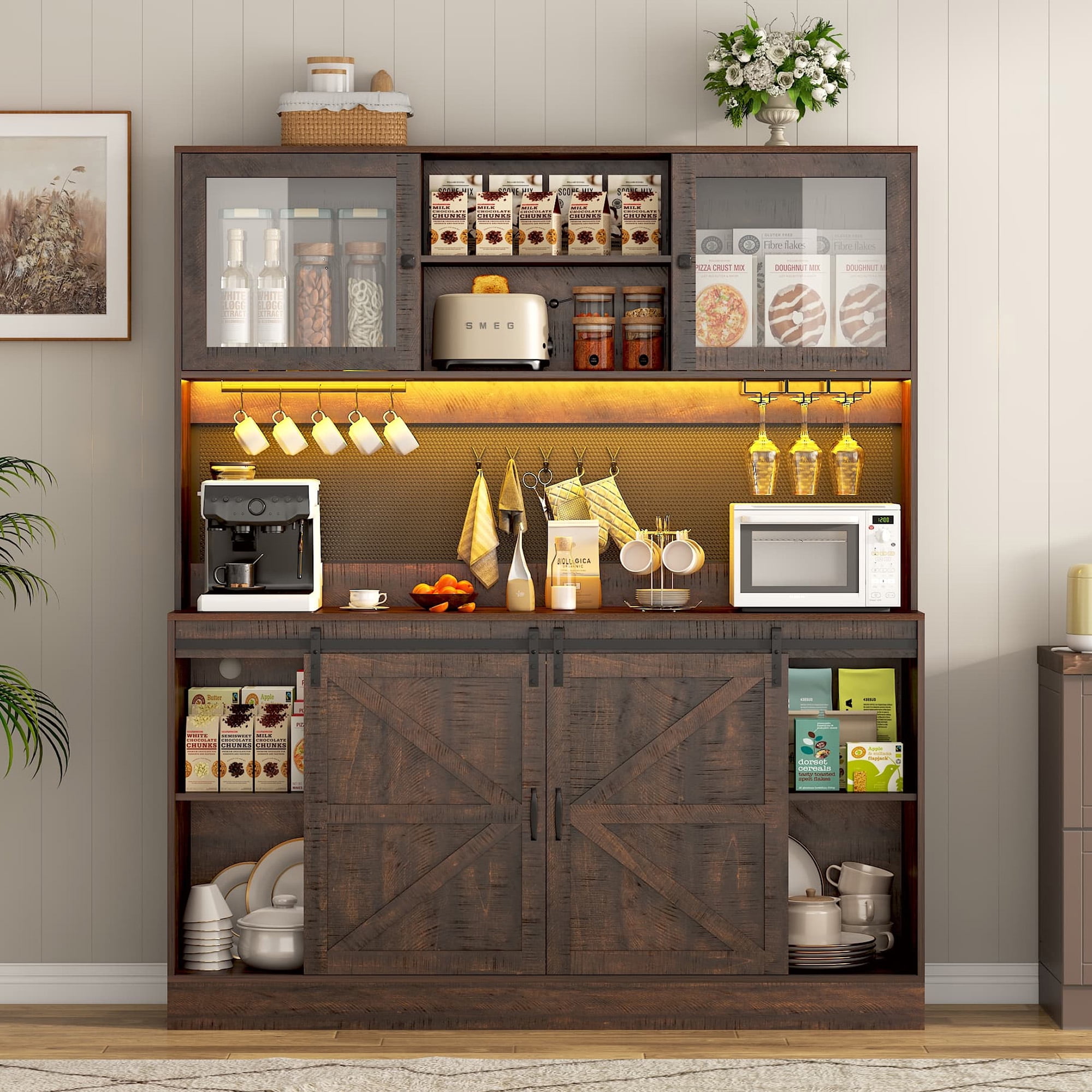 74" Farmhouse Kitchen Pantry Storage Cabinet with LED Light & Charging Station, 63" W Coffee Bar Cabinet Kitchen Cupboard with Hutch and Sliding Barn Doors, Pegboard