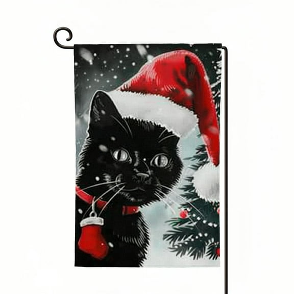 PHYHOO  Merry Christmas Black Cat Garden Flag Double Sided, Burlap Welcome Winter Tree Yard Flags for Xmas Outside Outdoor Decoration White