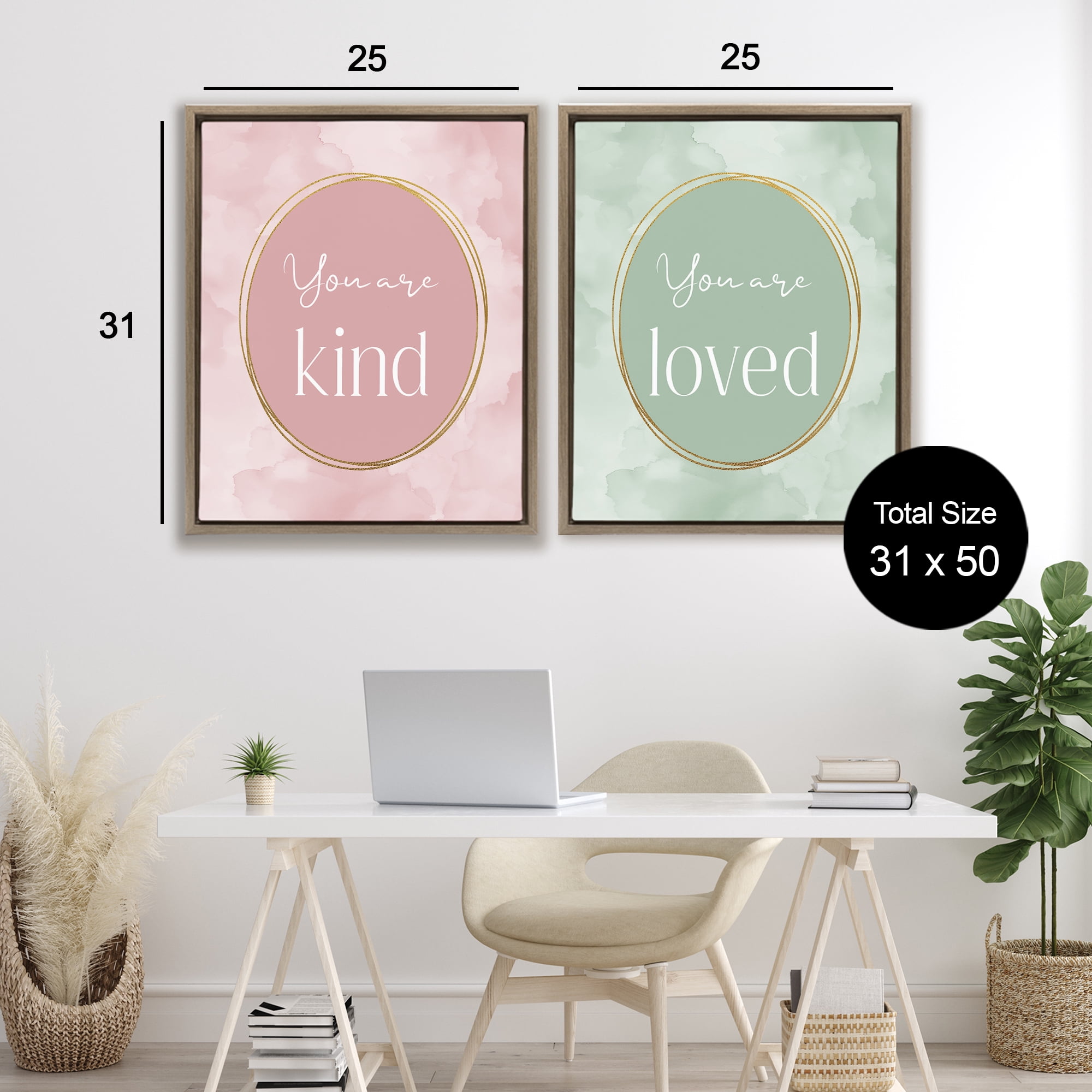 Stupell Industries Pastel Golden Affirmations 2 Piece Brown Framed Floater Canvas Set, design by Christine Simpson Art