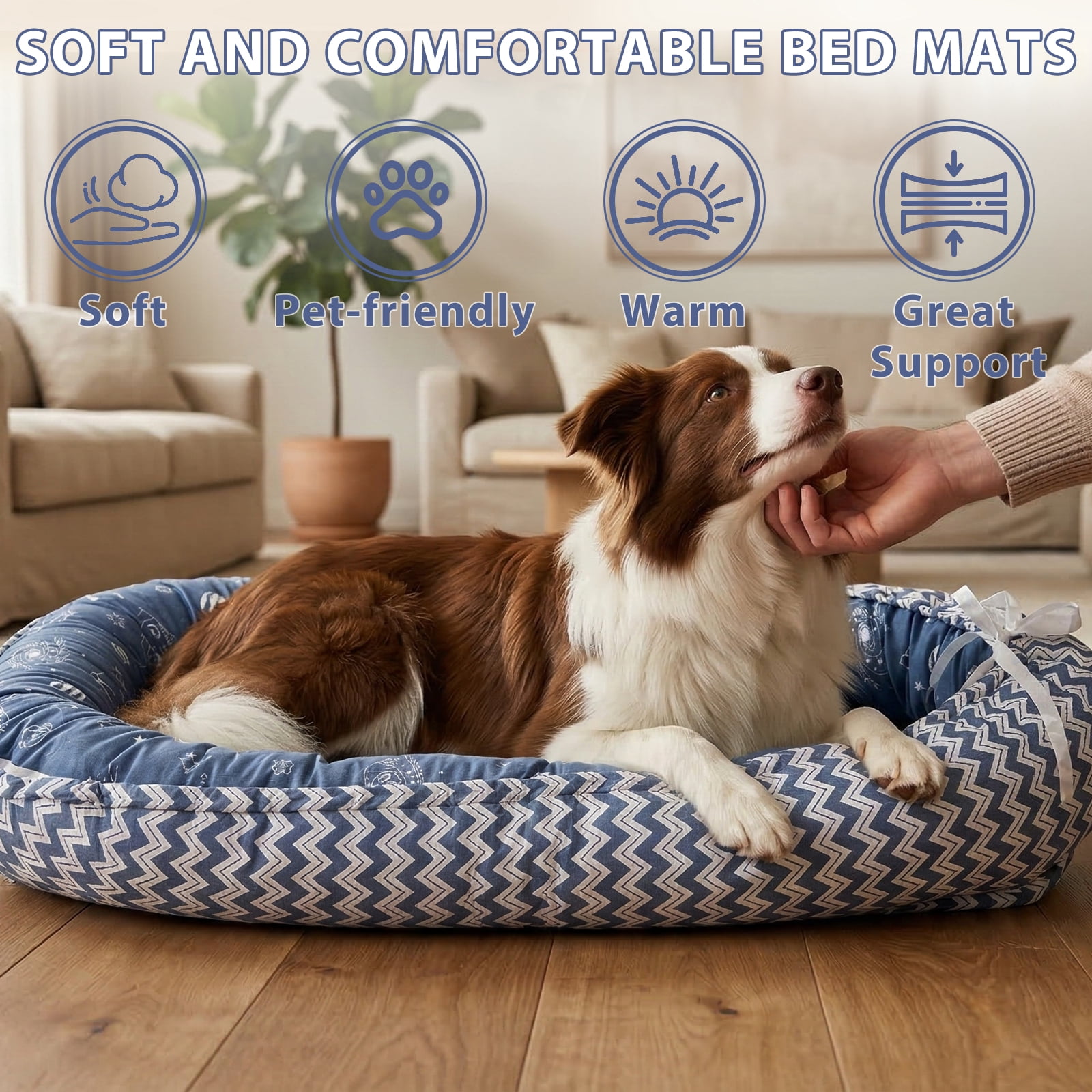 Dog Bed and Cat Bed - 100% Cotton with Foam Pet Bed for Small and Large Dogs-Blue