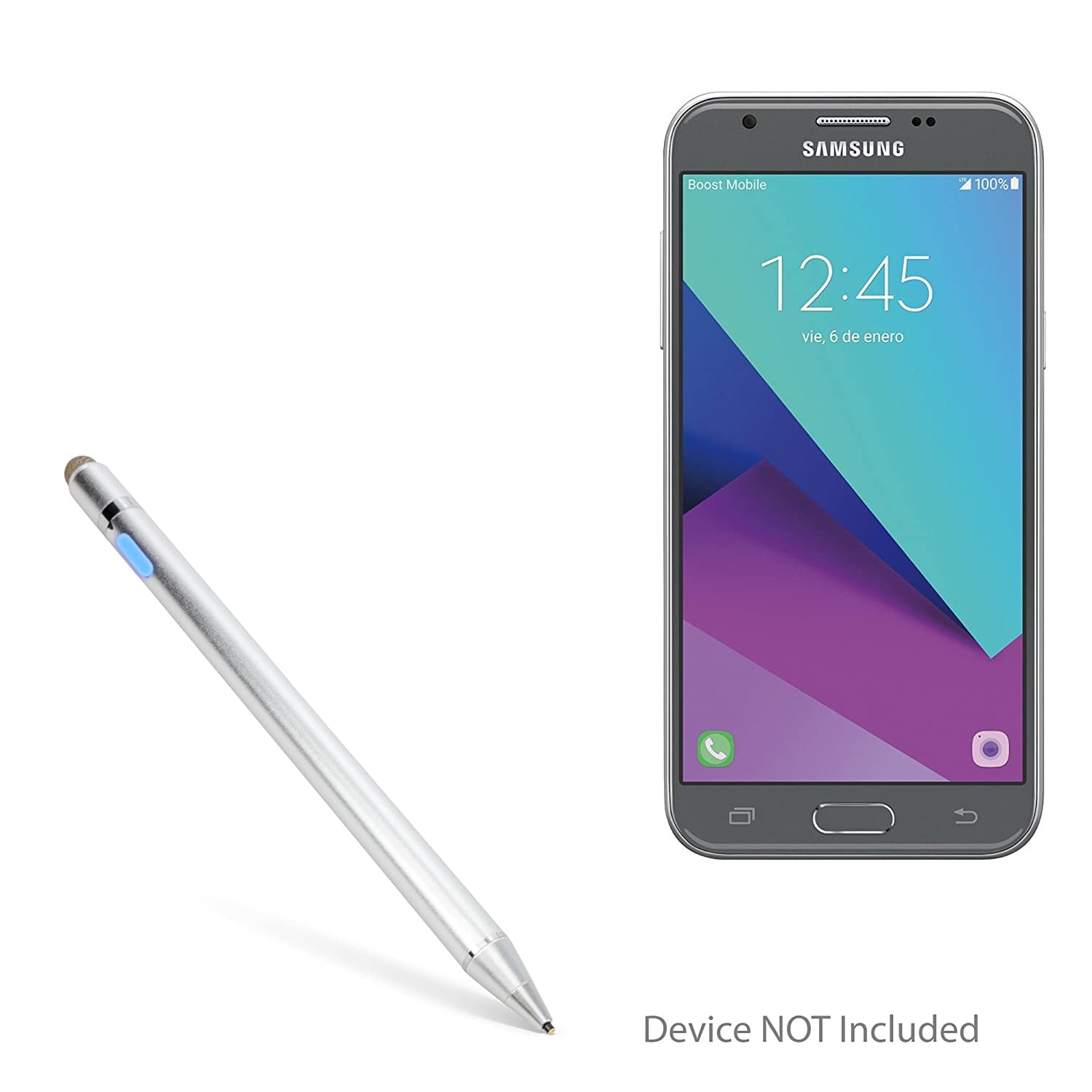 Samsung Galaxy J3 Emerge Stylus Pen BoxWave Metallic Silver AccuPoint Active Stylus Electronic Stylus with Ultra Fine Tip for Samsung Galaxy J3 Emerge 