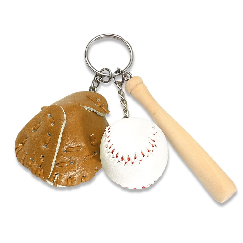 babydream1 3 Pieces Artificial Baseball Keychain Wooden Bat Glove Backpack Keyring Home Office Decoration Party Gift Boys Boyfriend Khaki
