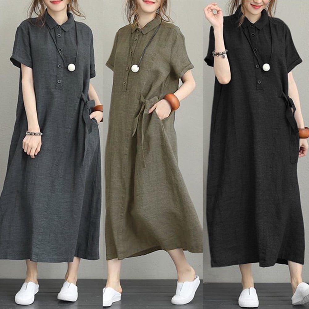 Tongliya 1 Cotton Japanese Style Solid Cotton Linen Lapel Short Sleeve Loose Pocket Dress Black M Walmart