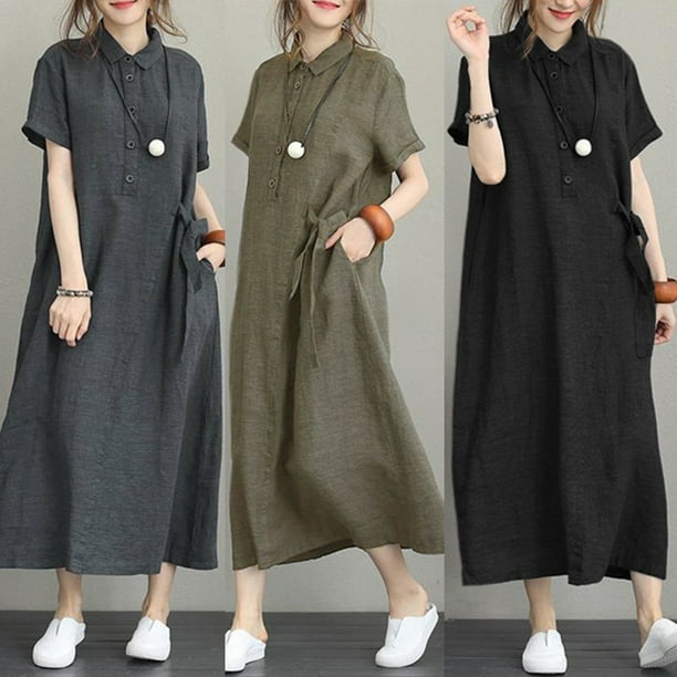 Tongliya 1 Cotton Japanese Style Solid Cotton Linen Lapel Short Sleeve Loose Pocket Dress Black M Walmart