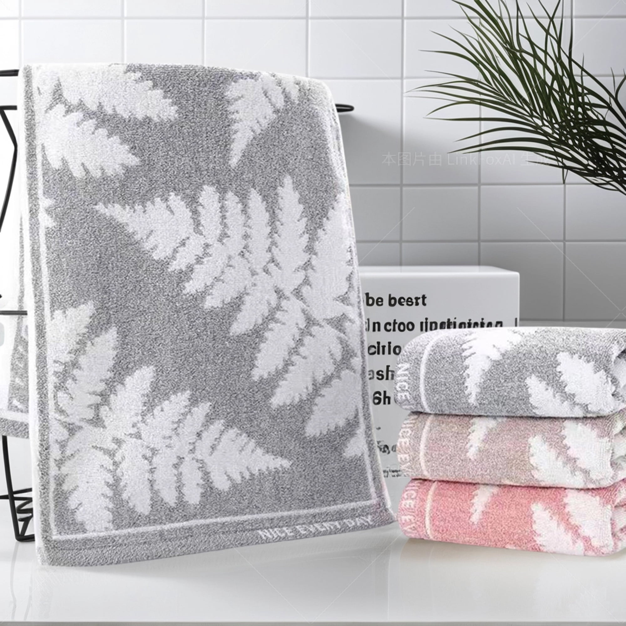 Unique Bargains Leaves Pattern Hand Towels Soft Absorbent Pink 4-Pieces