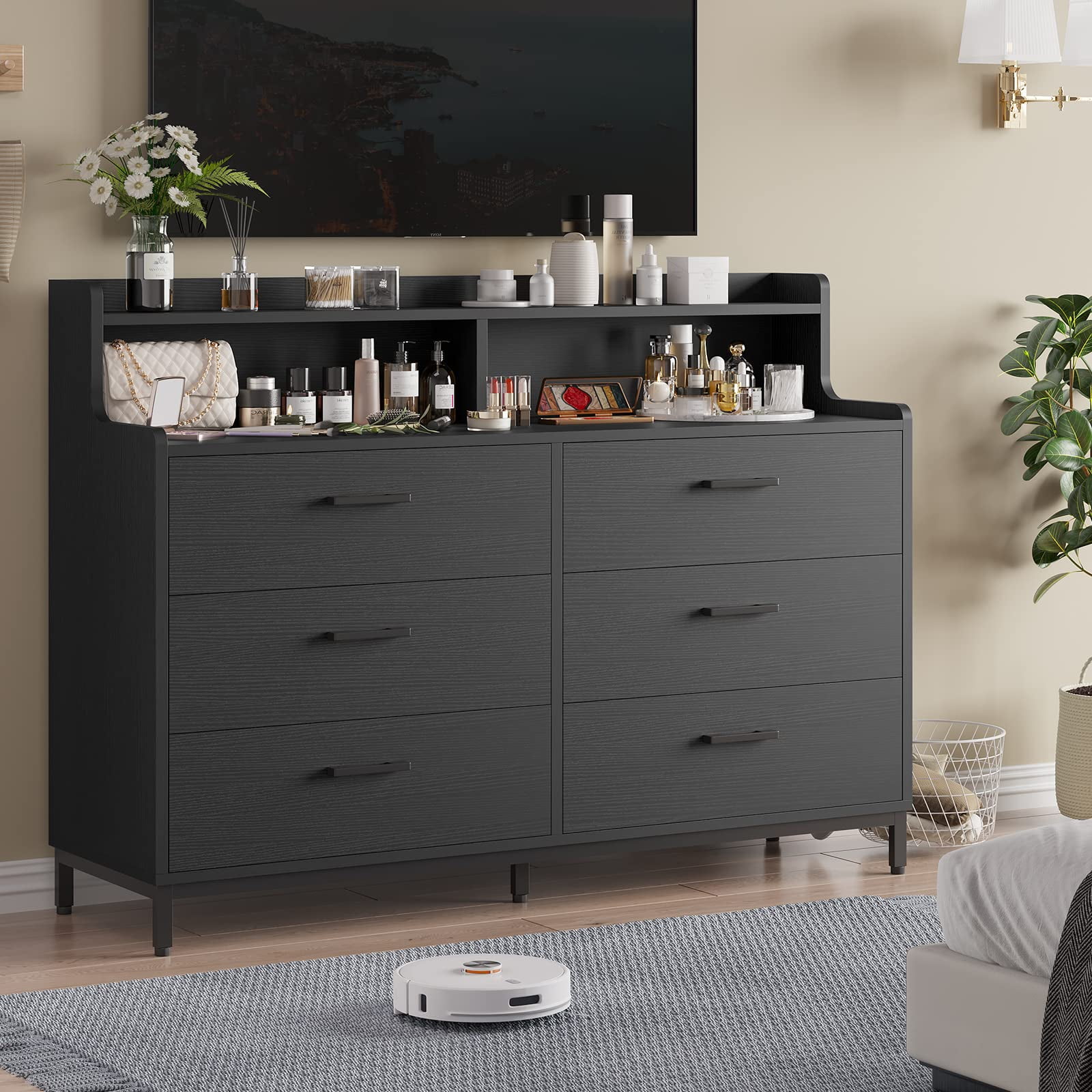 Aunfebrco Black Double Dresser with 6 Drawers, Tall Shelf