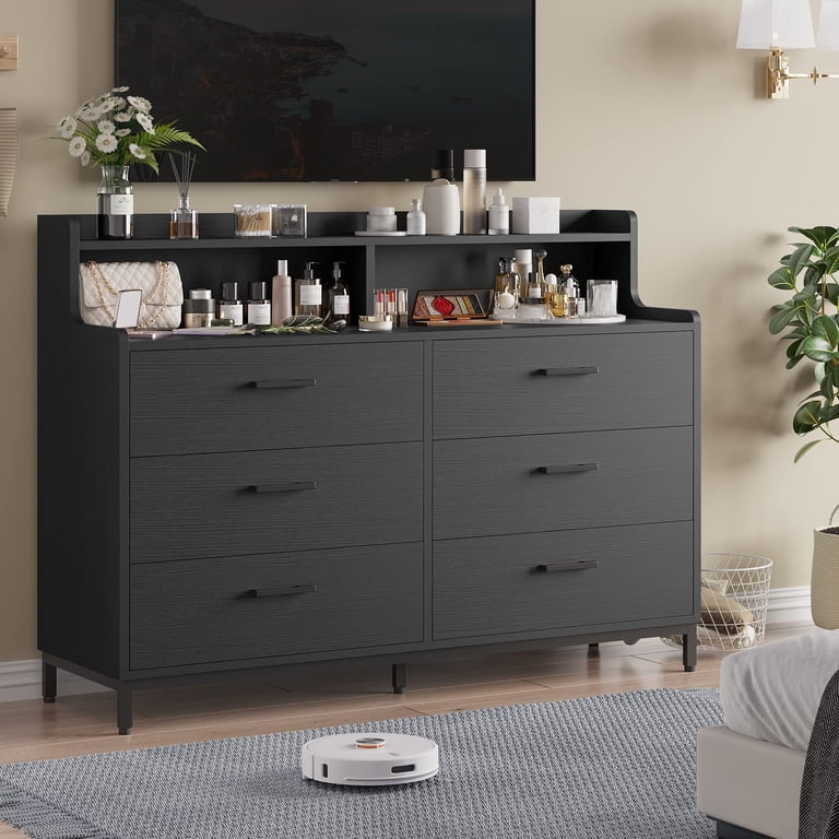 6-Drawer Double Dresser with Shelves, Modern Storage Tower
