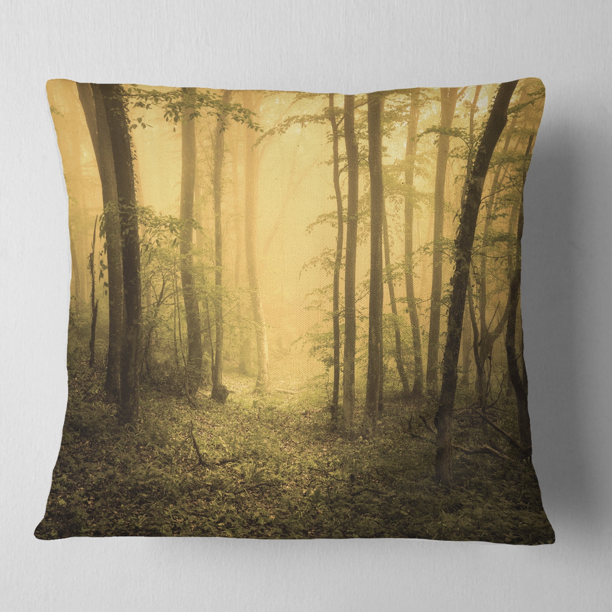 Designart Trail Through Yellow Foggy Forest - Landscape Photography Throw Pillow - 18x18