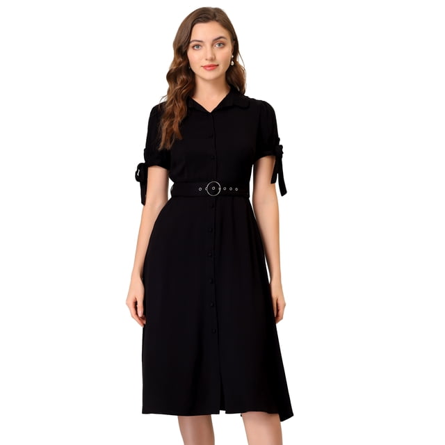 INSPIRE CHIC Vestido Camisero Para Mujer Cuello De Mu?eca Abotonado Con Cinturón Puff Manga Corta Vestidos De Trabajo Acampanados Negro XL