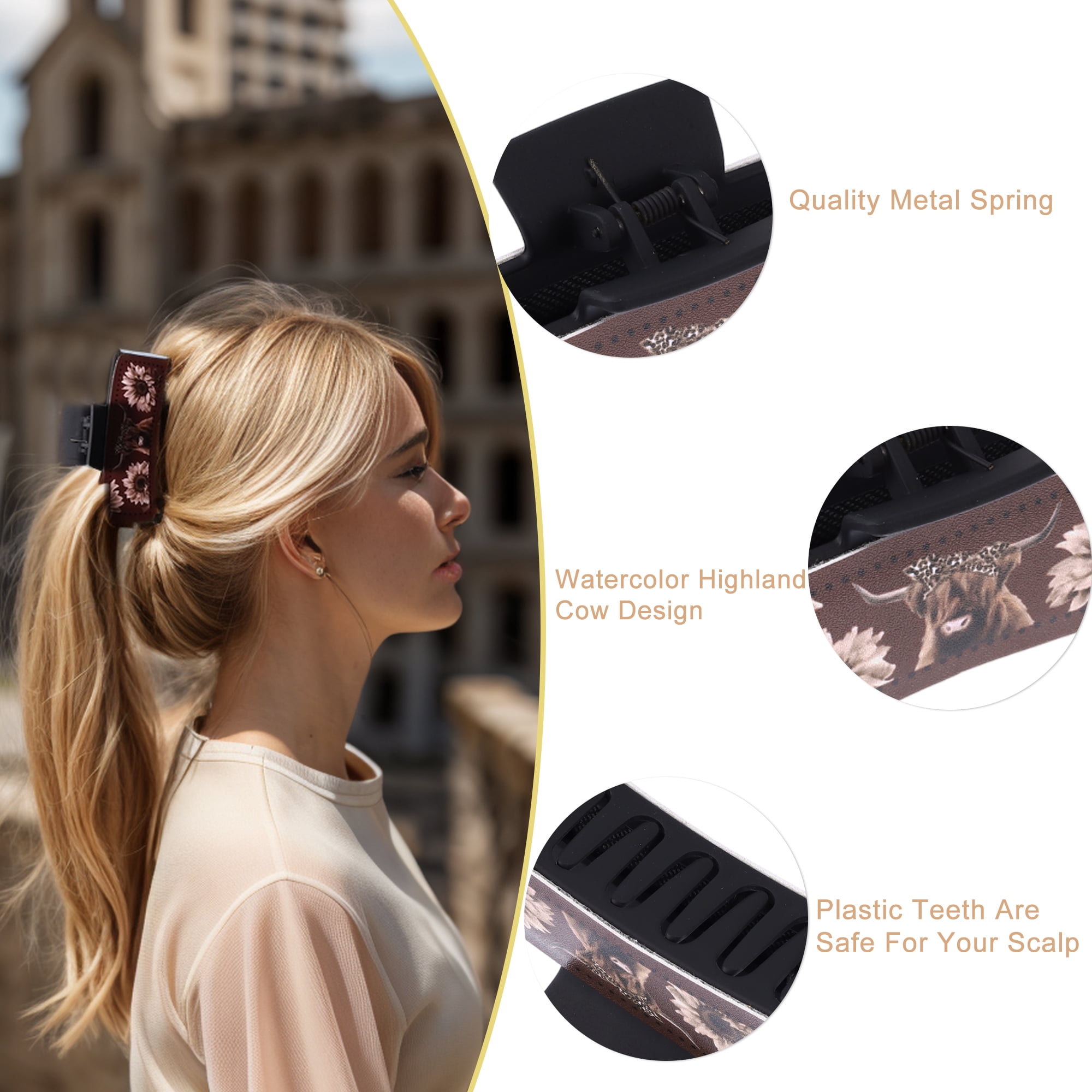 Unique Bargains Highland Cattle Hair Claw Clips, Matte Faux Leather Design Black