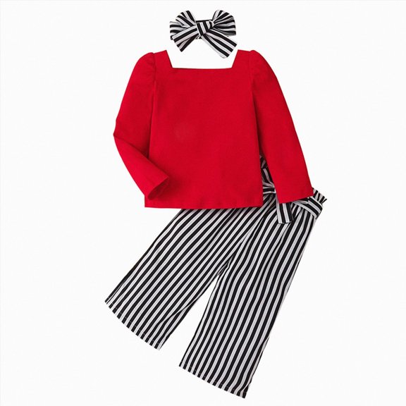 Splozh Newborn Outfits Girl Kids Toddler Infant Baby Girls Long Sleeve Solid T Shirt Tops Striped Trousers Pants with Headbands Outfit Set 3PCS,Red,3-4 Years