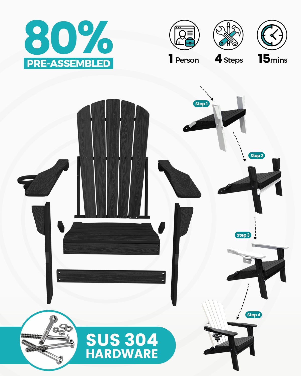Cobiod Folding Adirondack Chair with Cup Holder, HDPE All-Weather Outdoor Patio Chair, Ergonomic Wood Grain Design for Backyard, Black