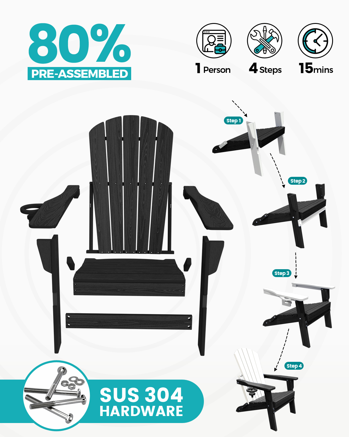 Cobiod Folding Adirondack Chair with Cup Holder, Black photo 8