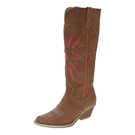 

XINSHIDE Women Mid-Calf Boots Female Fashion Flock Vintage Embroidered Boots Pointed Toe Chunky Heel High Knee Boots Fashion Shoes