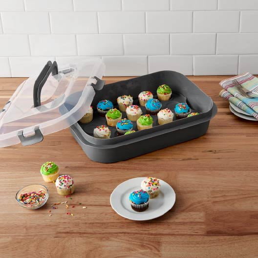Mainstays Rectangular Cupcake & Cake Carrier with Lid, Handle, Clasps & Removeable Flippible Cupcake Tray, Grey Plastic