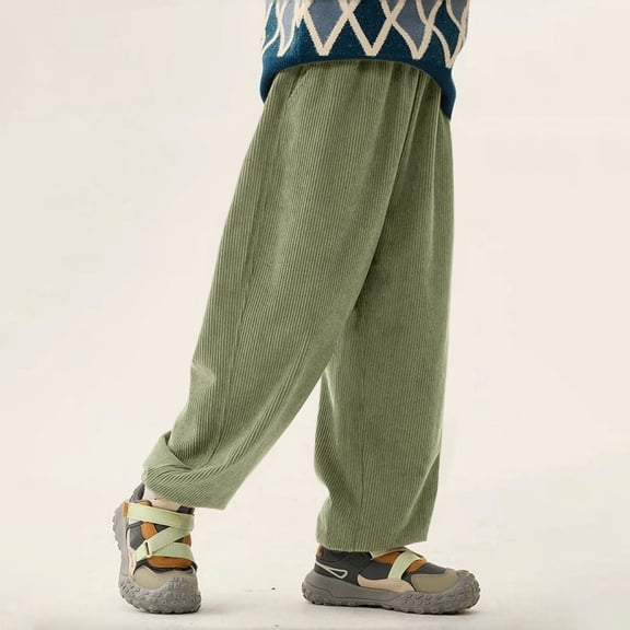 CPNG Girls Boys Corduroy Pants Classic Cotton Pull-on Pant Baggy High Waisted Wide Leg Pants Retro Loose Fit Casual Elastic Waist Jogger Trousers with Pockets