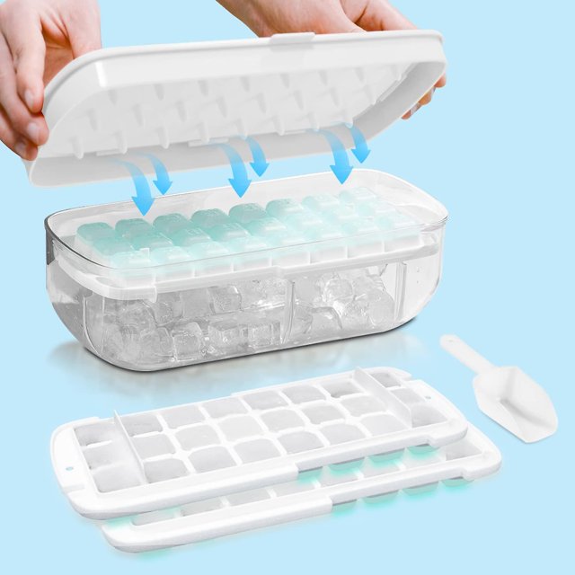 Bandeja para cubitos de hielo con tapa, moldes para cubitos de hielo aptos para uso alimentario, libera todos los cubitos de hielo en un segundo, bandeja reutilizable para 48 cubitos de hielo (blanca)