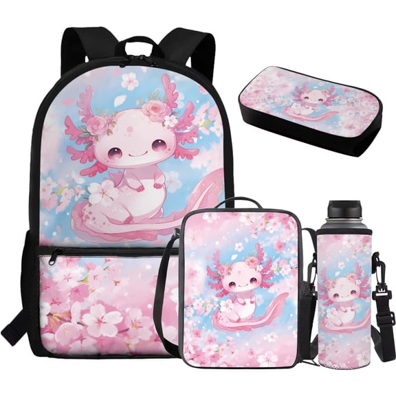 Yuyamidu Kawaii Axolotl School Backpack Set 4 Pieces with Lunch Bag Pencil Case and Water Bottle Holder for Kids Girls Boys Elementary and Middle School
