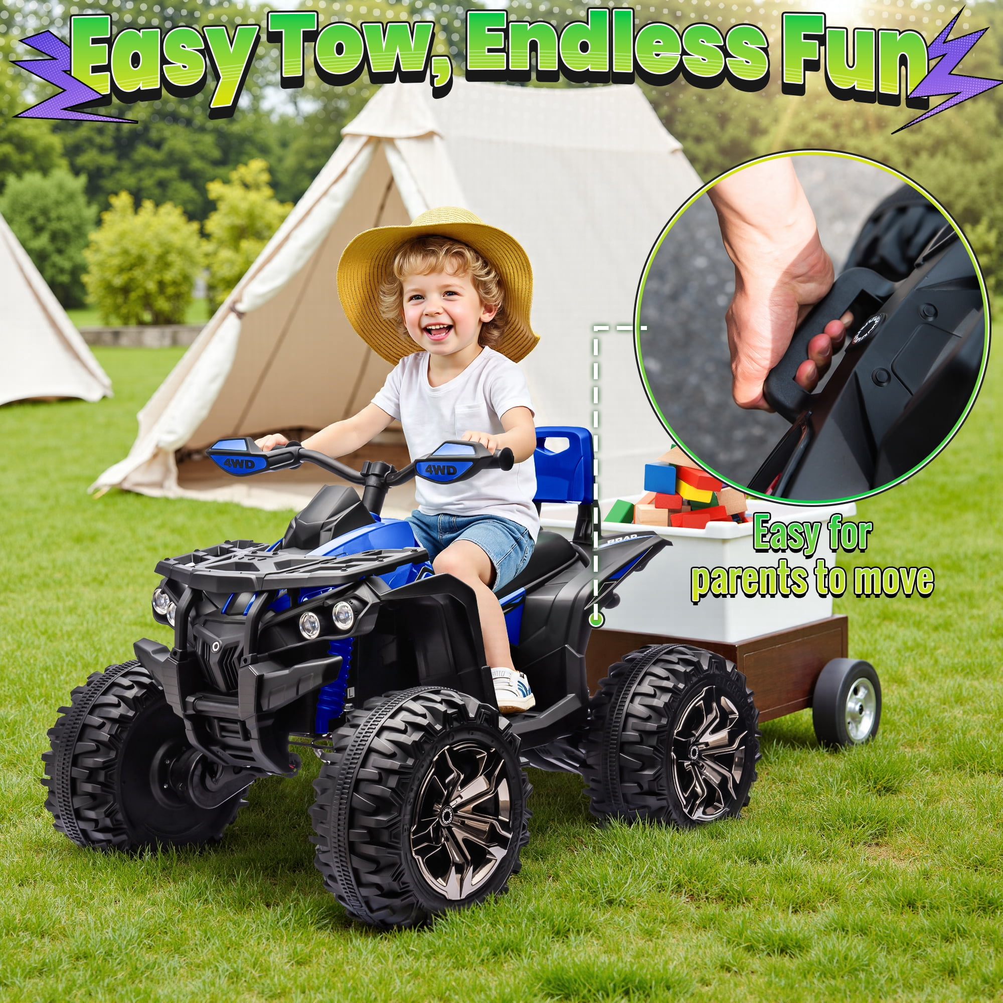 Joyracer 4WD ATV for Kids, 24 Volt Ride on Toys with Remote, Power Car Wheels, Outdoor Gift with 800W Motor, Bluetooth Music, Horn, LED, Blue