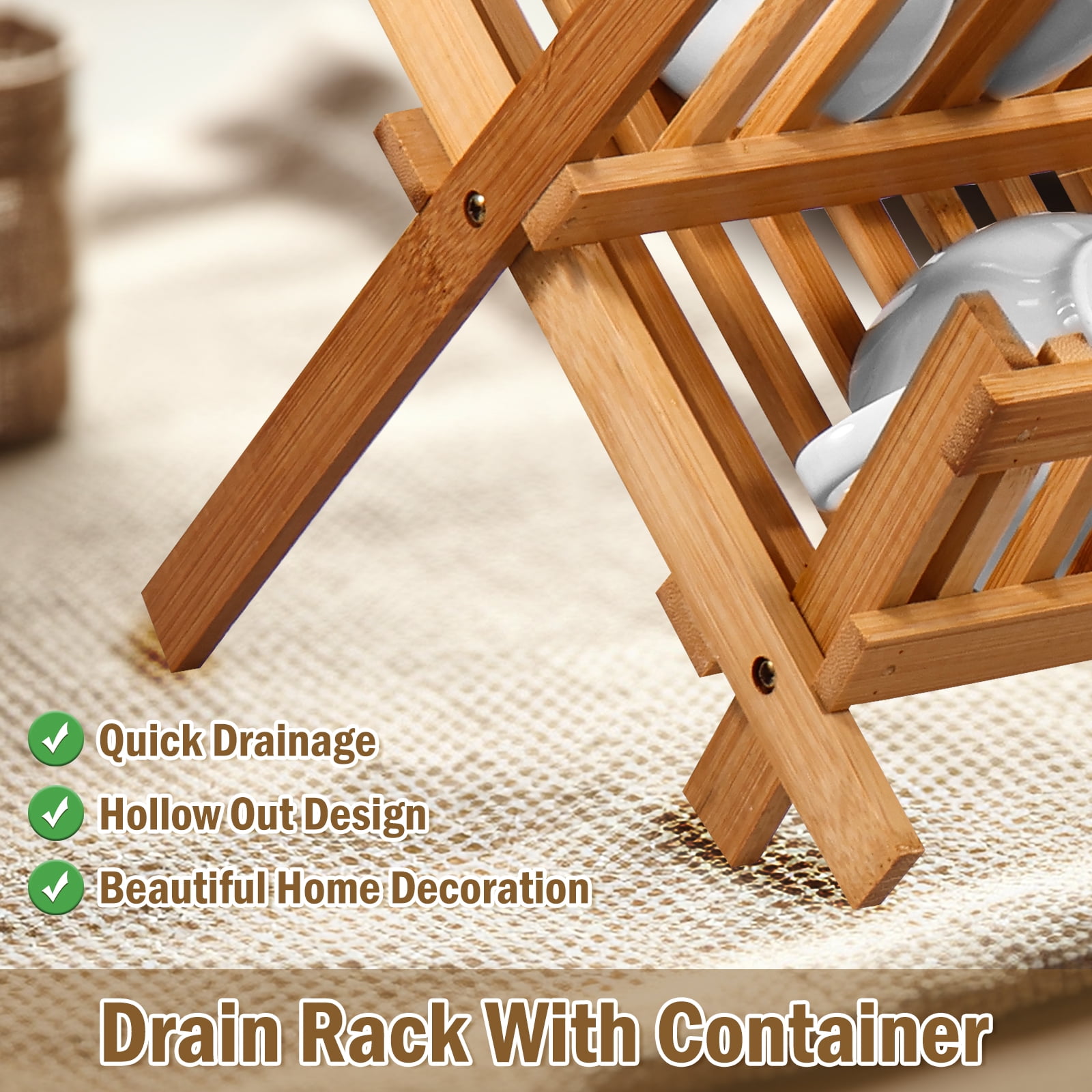 Jetcloudlive Bamboo Dish Drying Rack with Utensil Holder,Collapsible Wooden Dish Drainer Rack,2-Tier Large Folding Drying Holder for Kitchen Counter