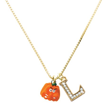 Delight Jewelry Resin Funny Grr! Pumpkin Charm and Goldtone Crystal Initial L Charm Necklace 17.5 +2