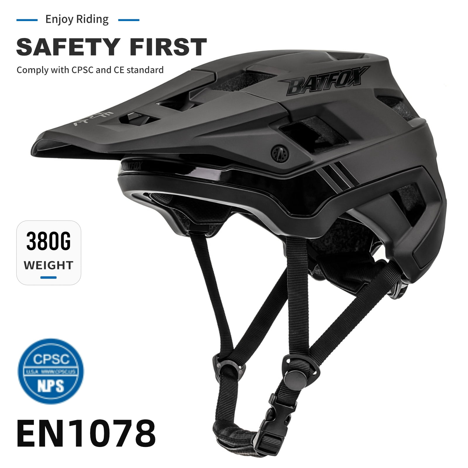 BATFOX MTB Helmet for Adults Men & Women, Adjustable Mountain Bike Helmet for Trail & E-Bike (Black,L)